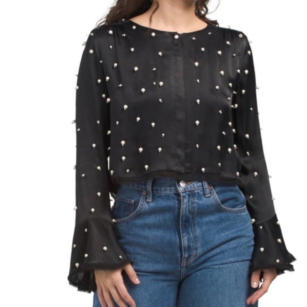 LoveShackFancy Black Faux-Pearl Long-Sleeve Blouse Lyndon